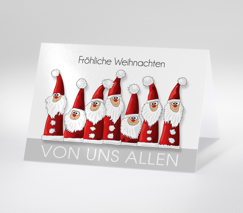 Humorvolle Weihnachtskarte mit sieben fröhlichen Weihnachtsmännern und dem Text Fröhliche Weihnachten – von uns allen